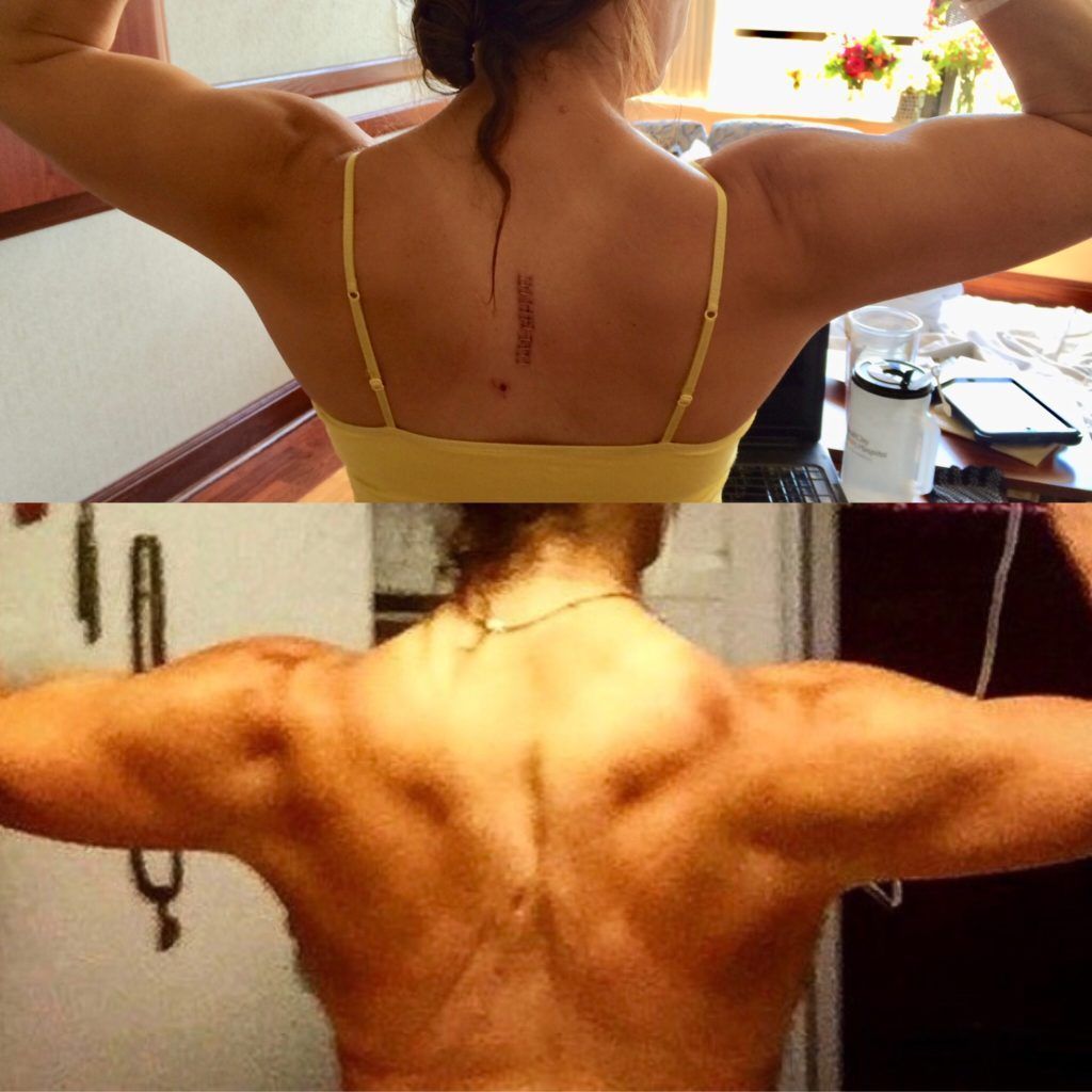 A woman in a yellow tank top has a tattoo on her back