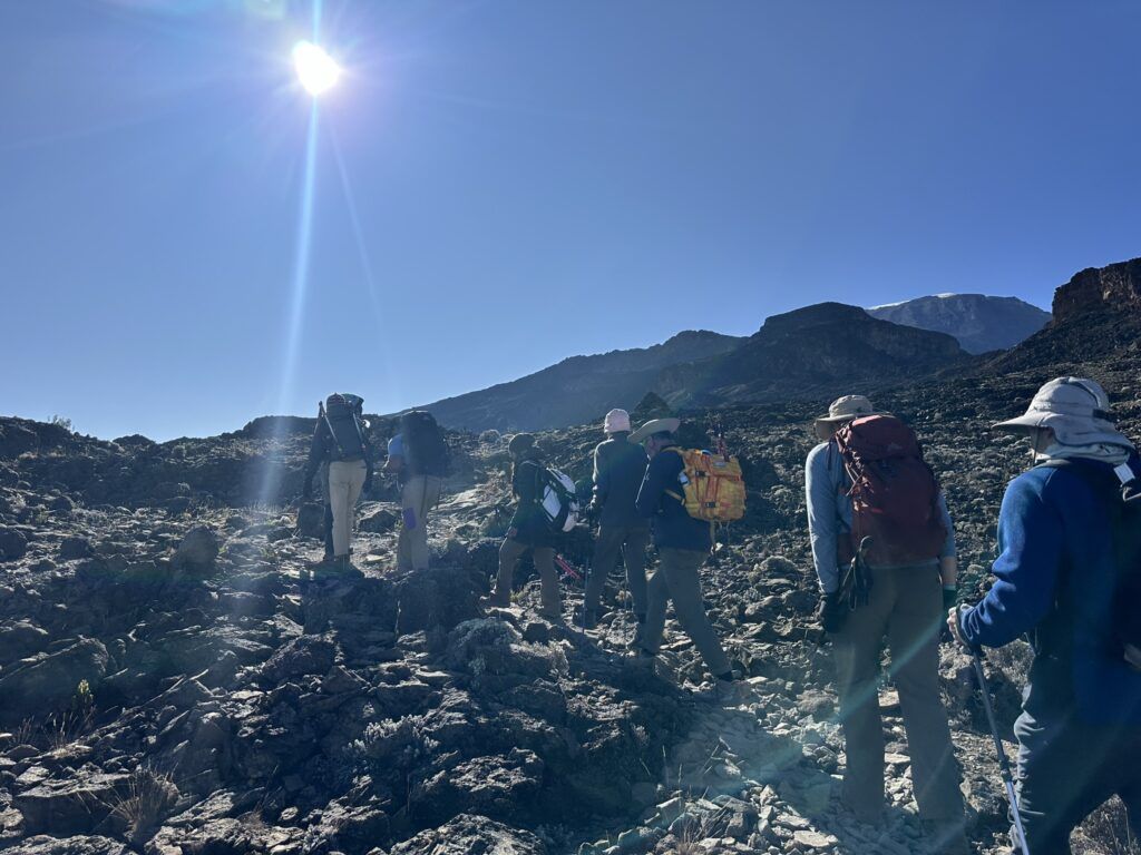 A group of people are walking through a rocky area with mountains in the background.