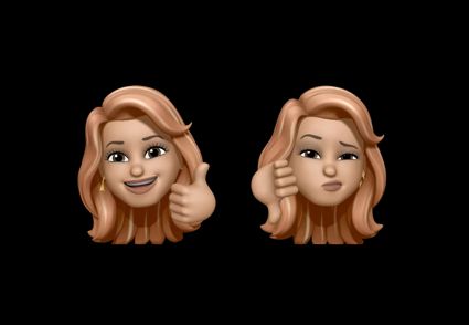 A cartoon woman giving a thumbs up and a sad face.