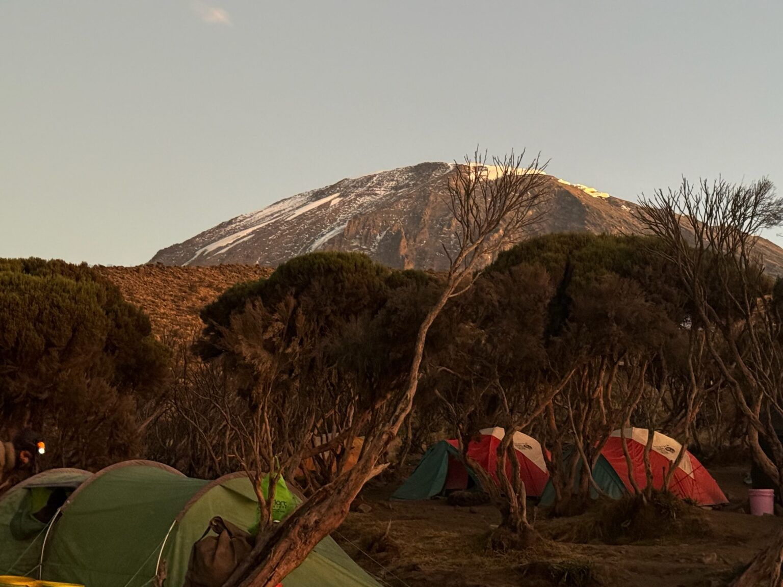 A group of tents are sitting in front of a mountain.