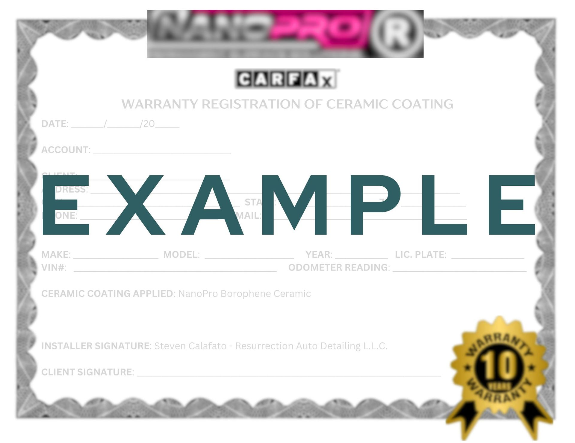 Ceramic coating permanent status system documentation with vehicle details warranty and installation by Steve Calafato