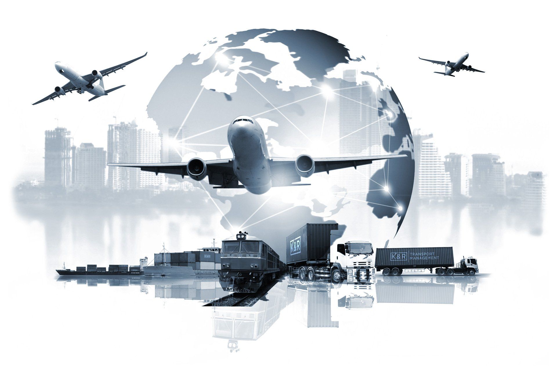 Logistik Lkw, Bahn, Schiff, Flugzeug Globus