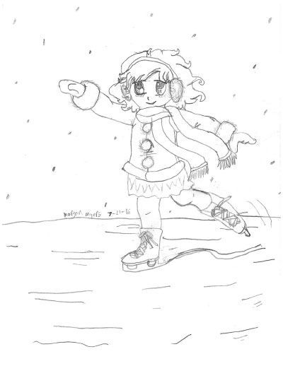A person ice skating on a frozen pond. Snow falls. She wears winter clothes and earmuffs.
