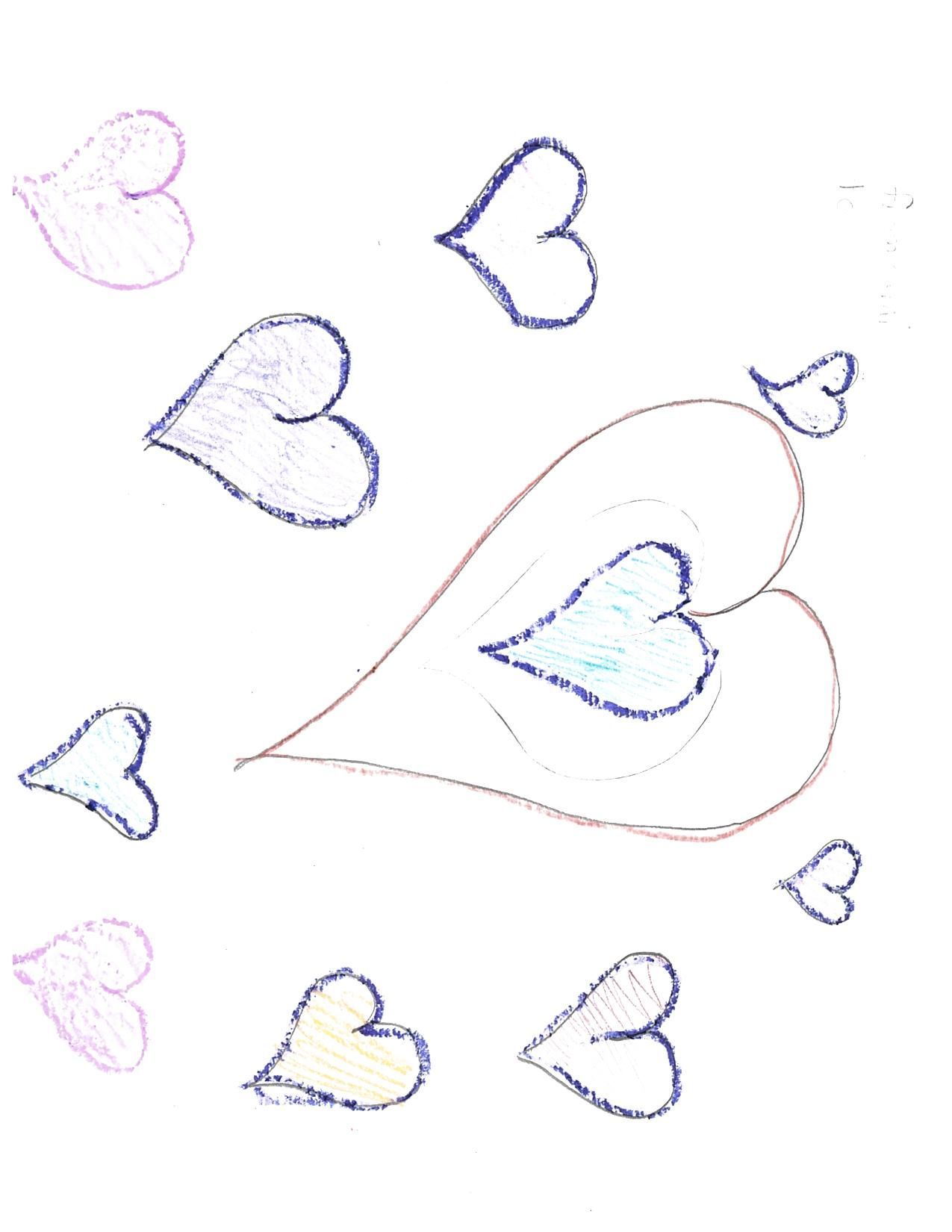 Scattered hearts of various sizes and colors, drawn with crayon-like texture, on a white background.