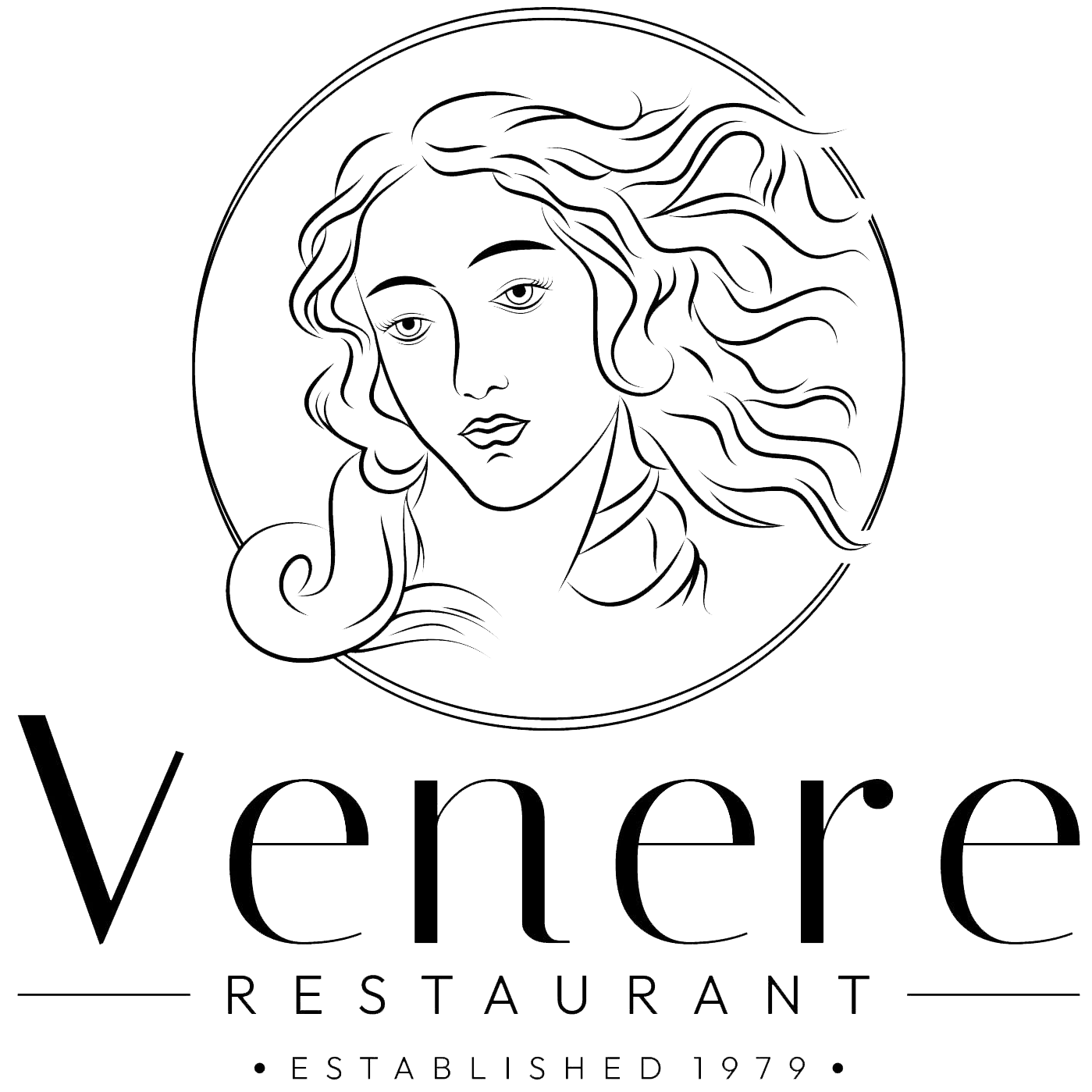A black and white logo for venere restaurant with a drawing of a woman 's face in a circle.