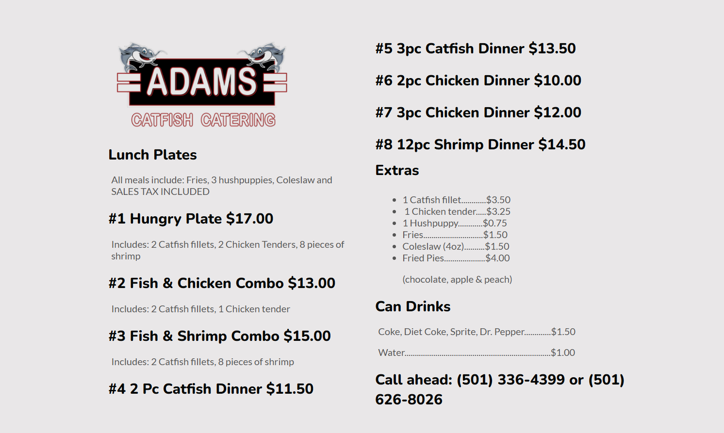 adams catfish menu