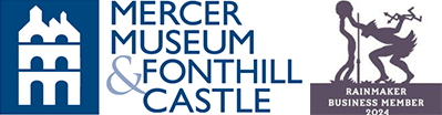 A blue and white logo for mercer museum and fonthill castle