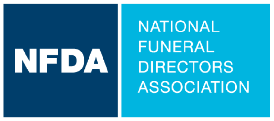 The logo for the national funeral directors association is blue and white.