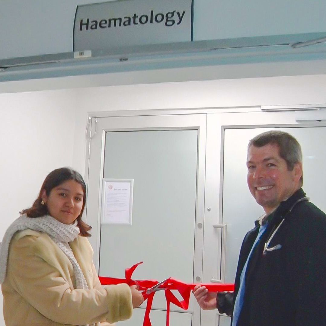 Today Joy is studying to be a doctor herself and was recently invited to cut the ribbon at the launch of the expanded bone marrow transplant unit, where she is pictured with haematologist Dr Hannes Koornhof.