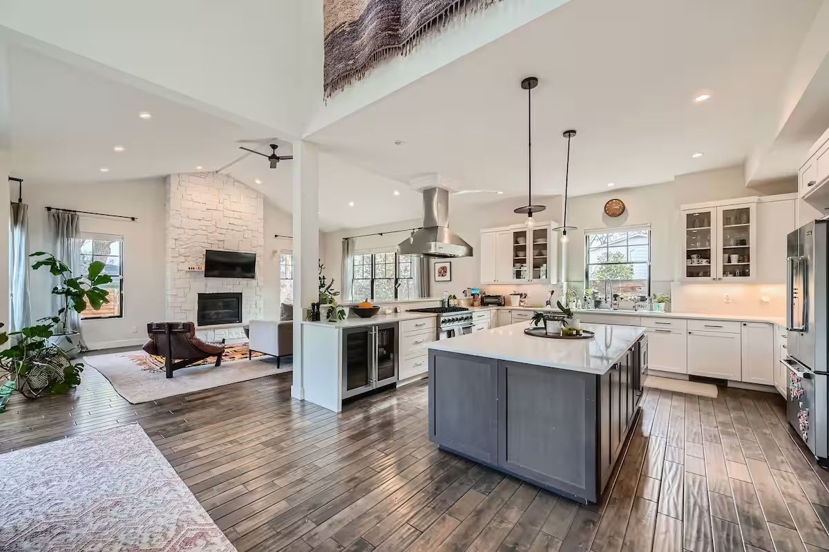 white big living room and kitchen