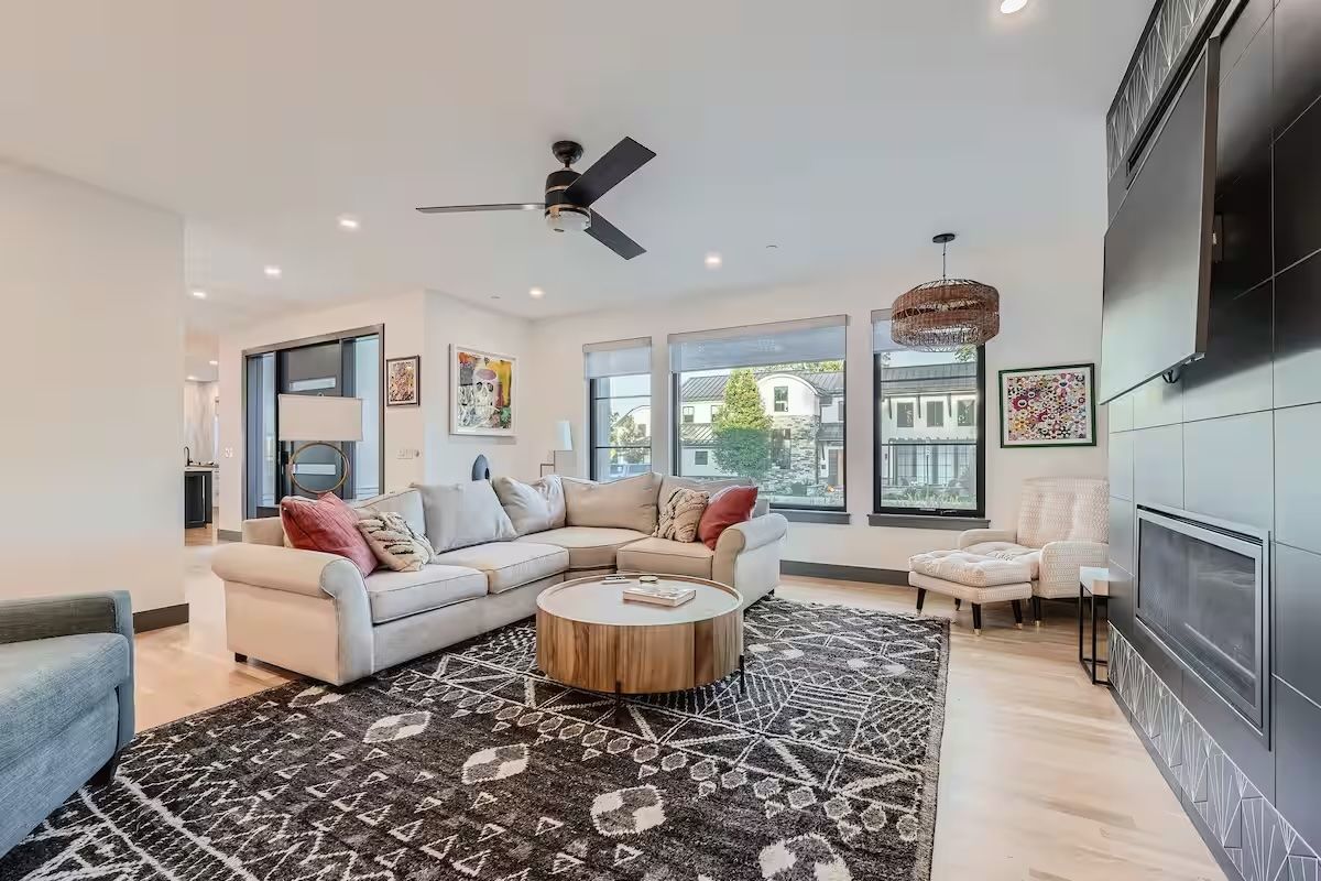 bright living room with wooden coffee table