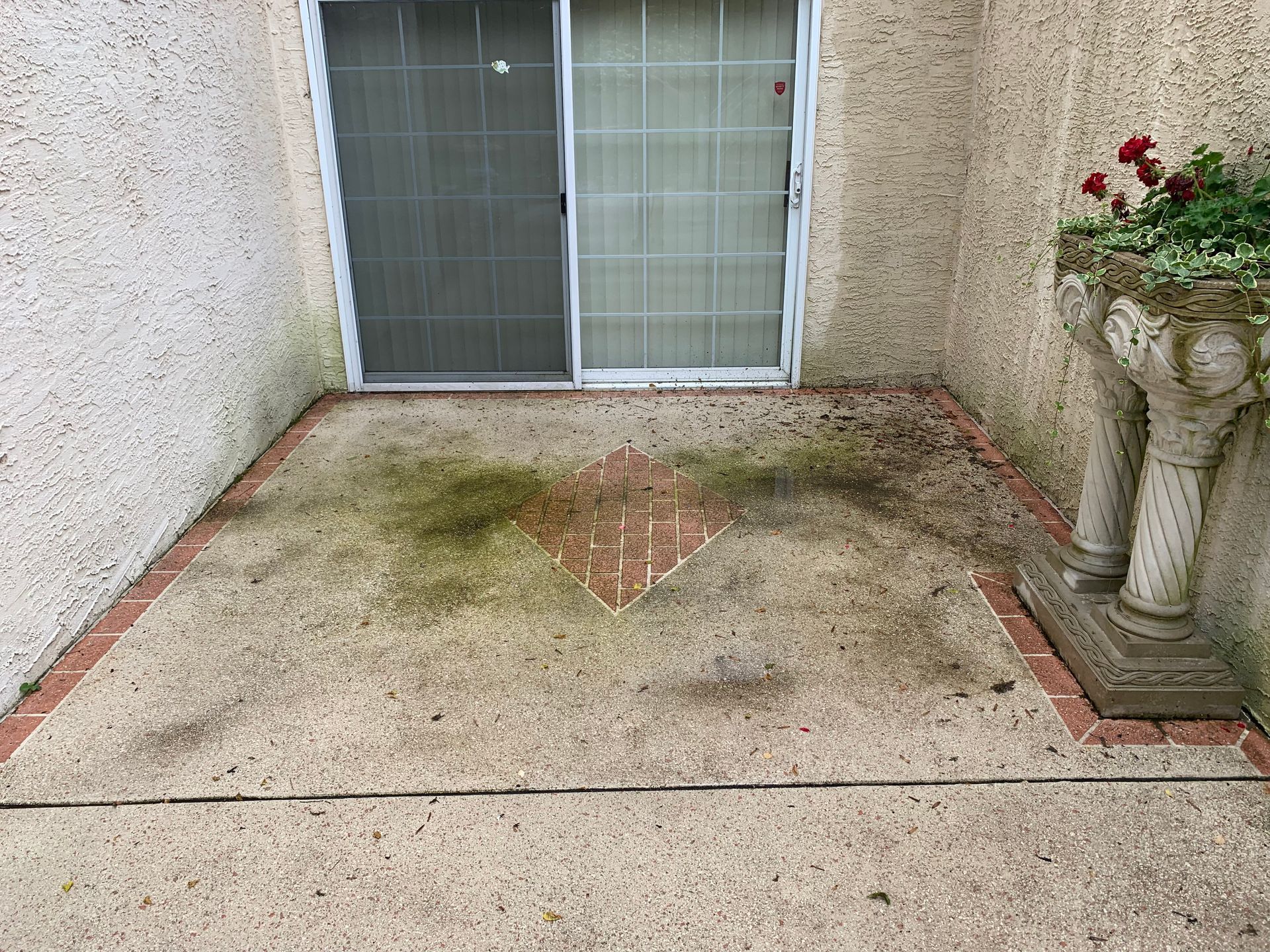 Concrete patio with sliding glass door and decorative planter, some mold and debris.