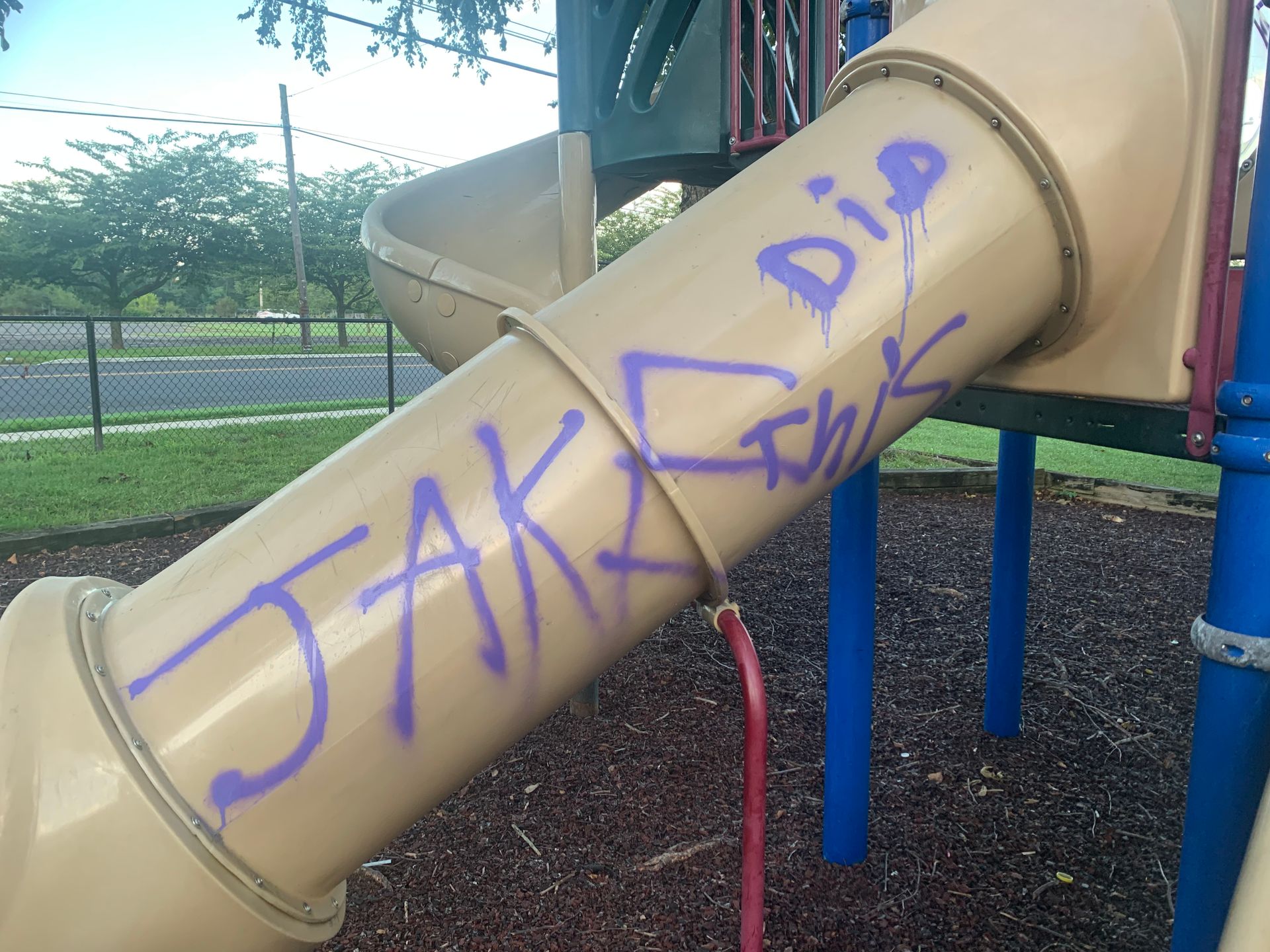 Graffiti on a tan playground slide: purple text that says 