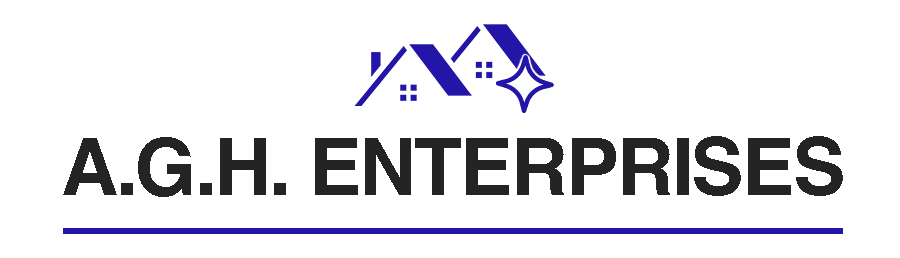 Logo of A.G.H. ENTERPRISES with house icons and a shining star in blue, and text in black.