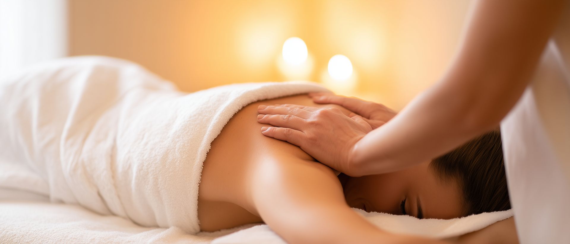 Massage therapist pressing a client’s back on a spa table, warm candlelit setting