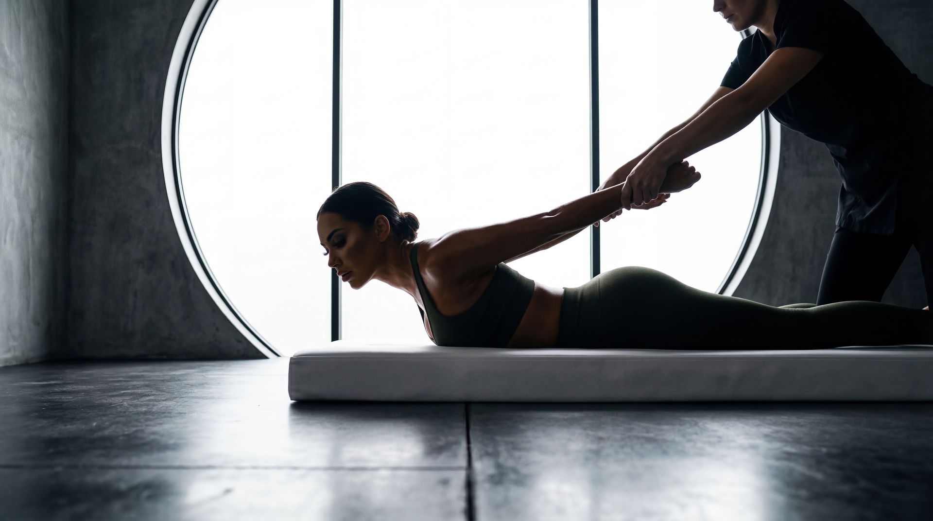 Fitness instructor assisting a person stretching on a mat in a bright studio