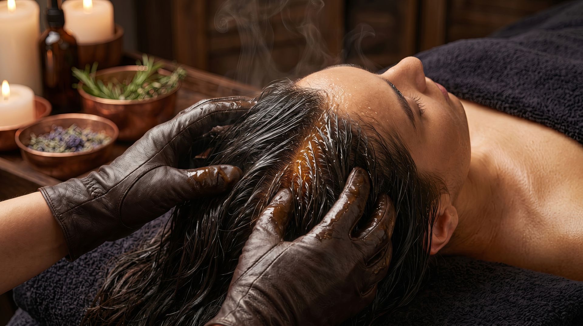 Gloved hands massaging a person’s scalp in a spa setting with candles and bowls nearby