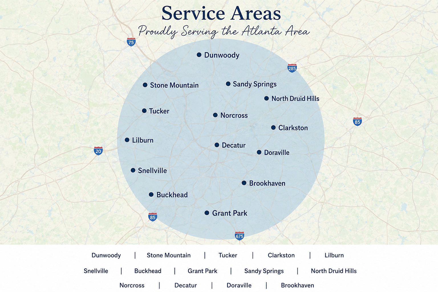 Service areas map with blue-highlighted region and city labels on a light background