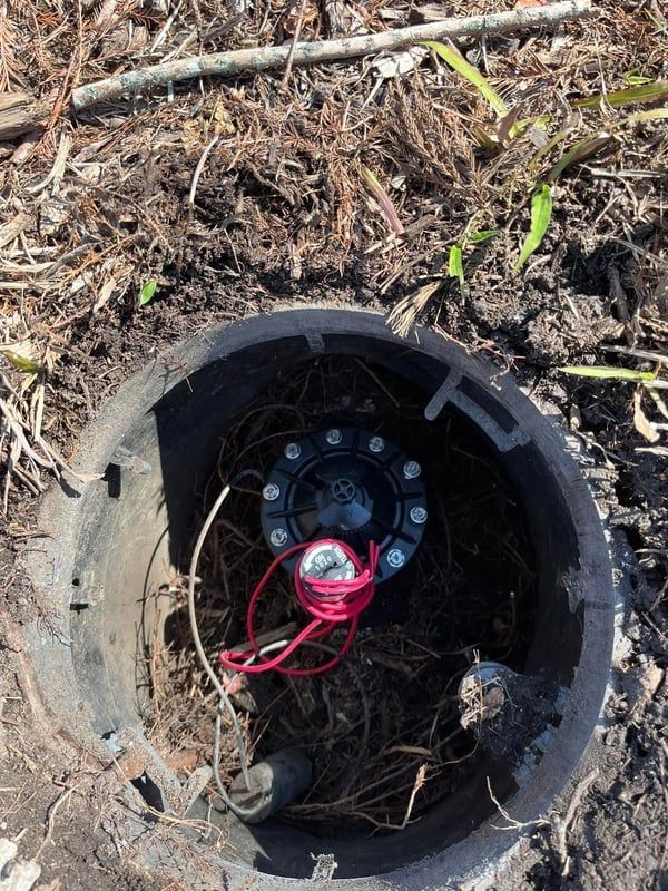 Open underground utility valve box with black cover and red wires in soil