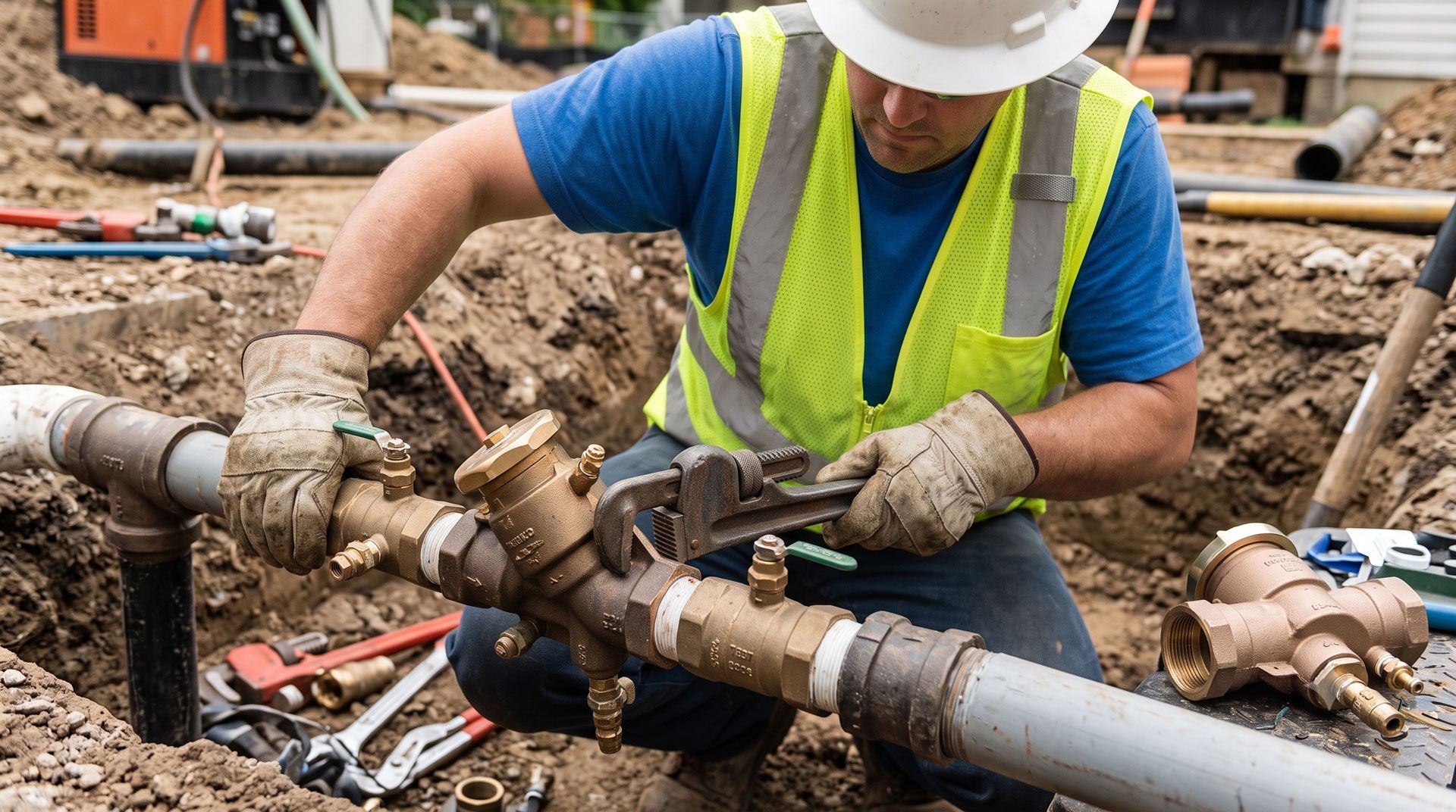 Construction worker repairing a large underground pipe with muddy tools at a roadside worksite