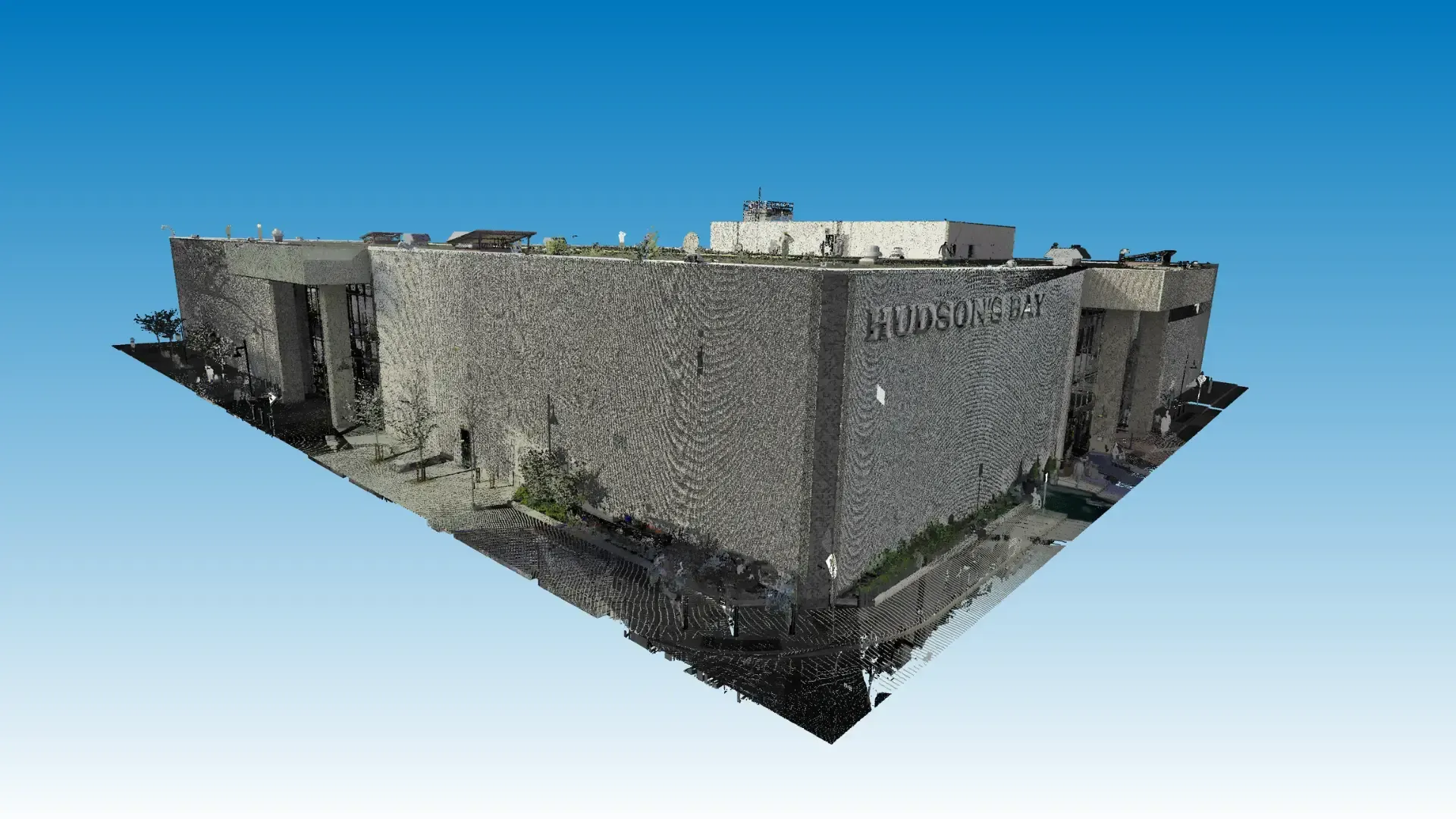 Modèle 3D d'un bâtiment en pierre se détachant sur un ciel bleu dégradé.