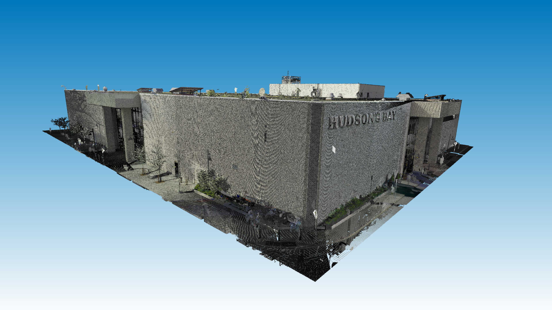 Nuage de points 3D du magasin La Baie à Kitchener, avec le logo du magasin et un ciel bleu en arrière-plan.