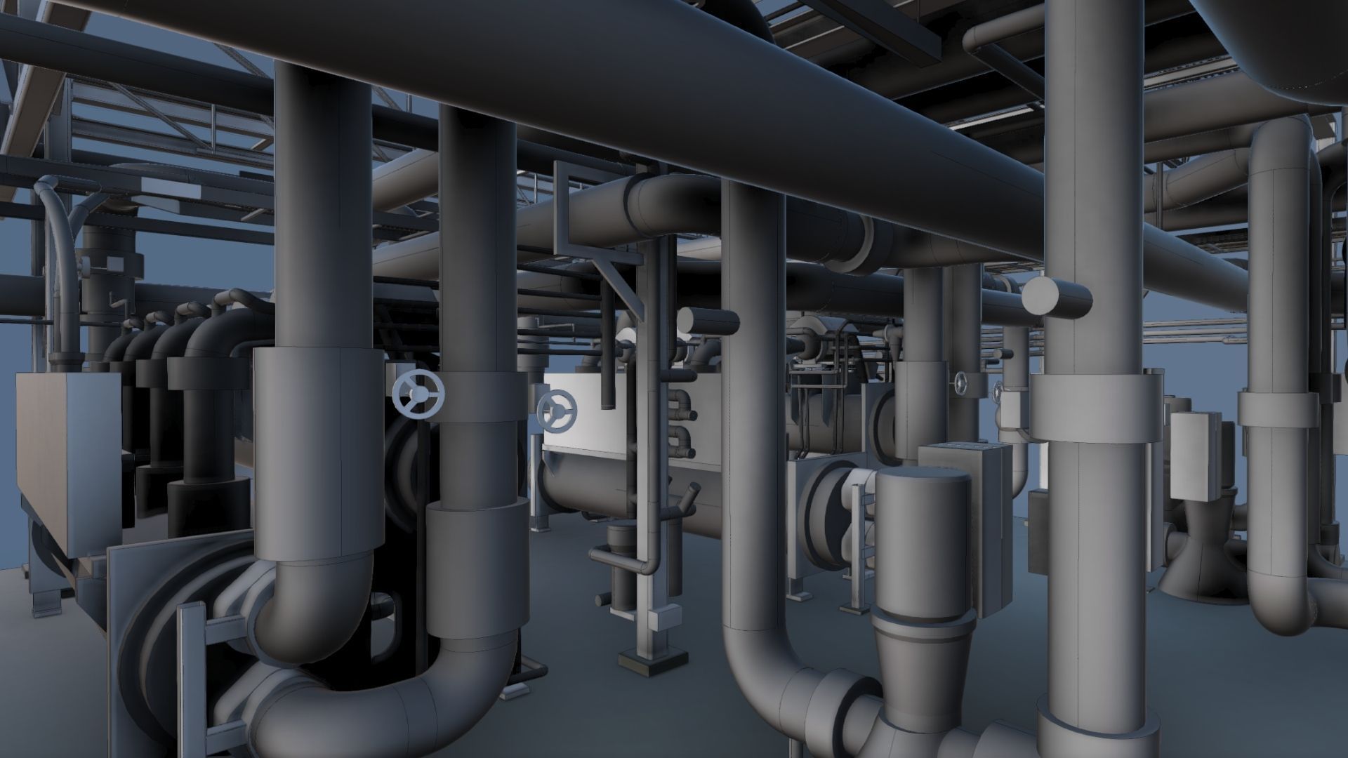 Un dense réseau de tuyauterie et de vannes industrielles dans une salle des machines grise, avec des réservoirs et des conduits aériens.