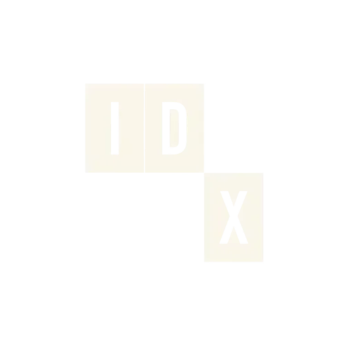 Pale block letters “I D” above a separate “X” on a white background