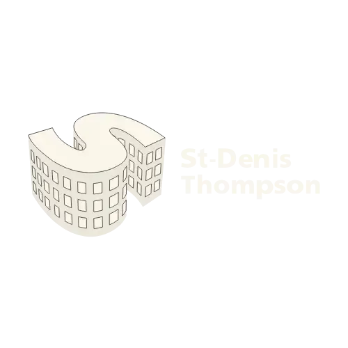 White 3D building-shaped logo with faint “St-Denis Thompson” text on a light background