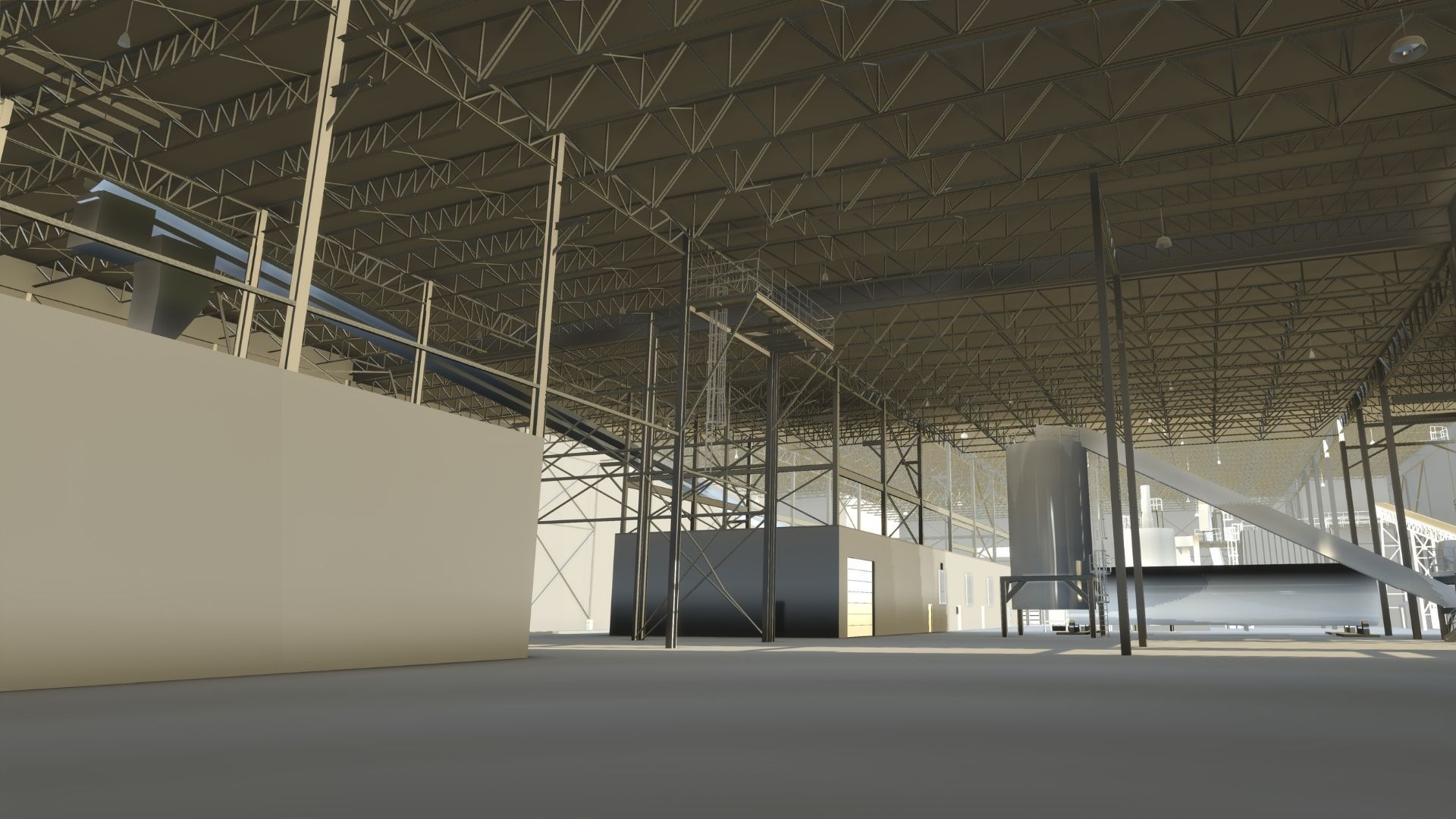 Empty industrial warehouse with steel beams and a concrete floor under construction