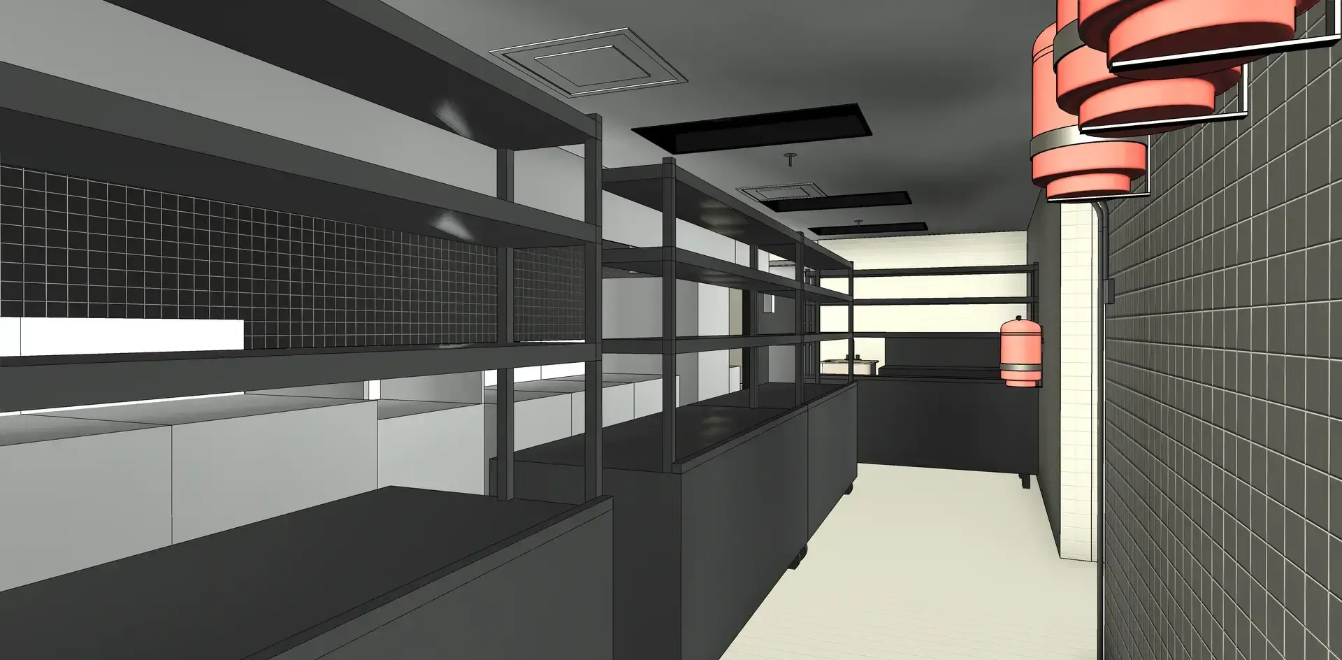 Modern indoor hallway with black railings, red hanging lamps, and a bright doorway at the end