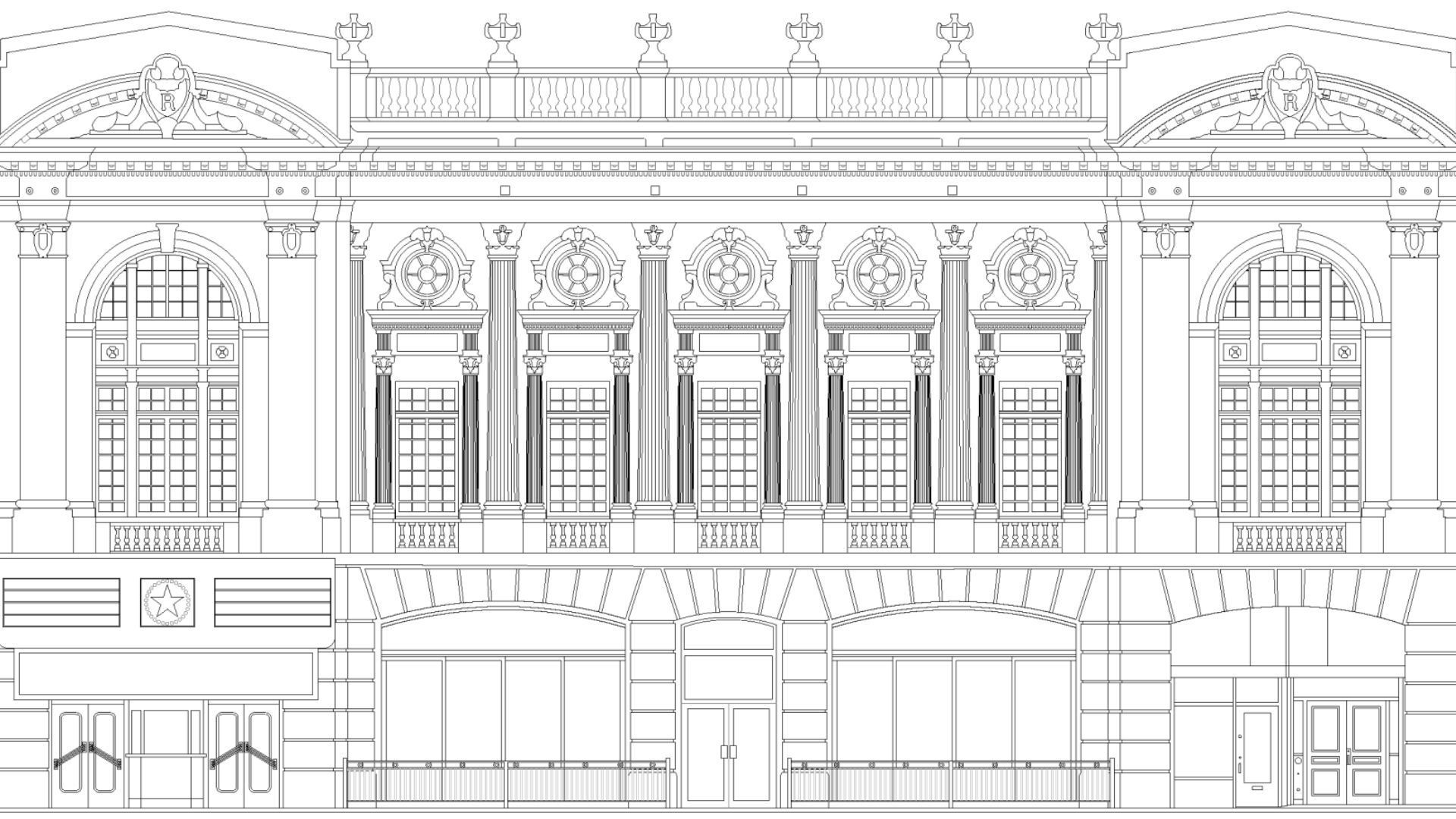 Detailed line drawing of a classical building facade with arches, columns, and large windows