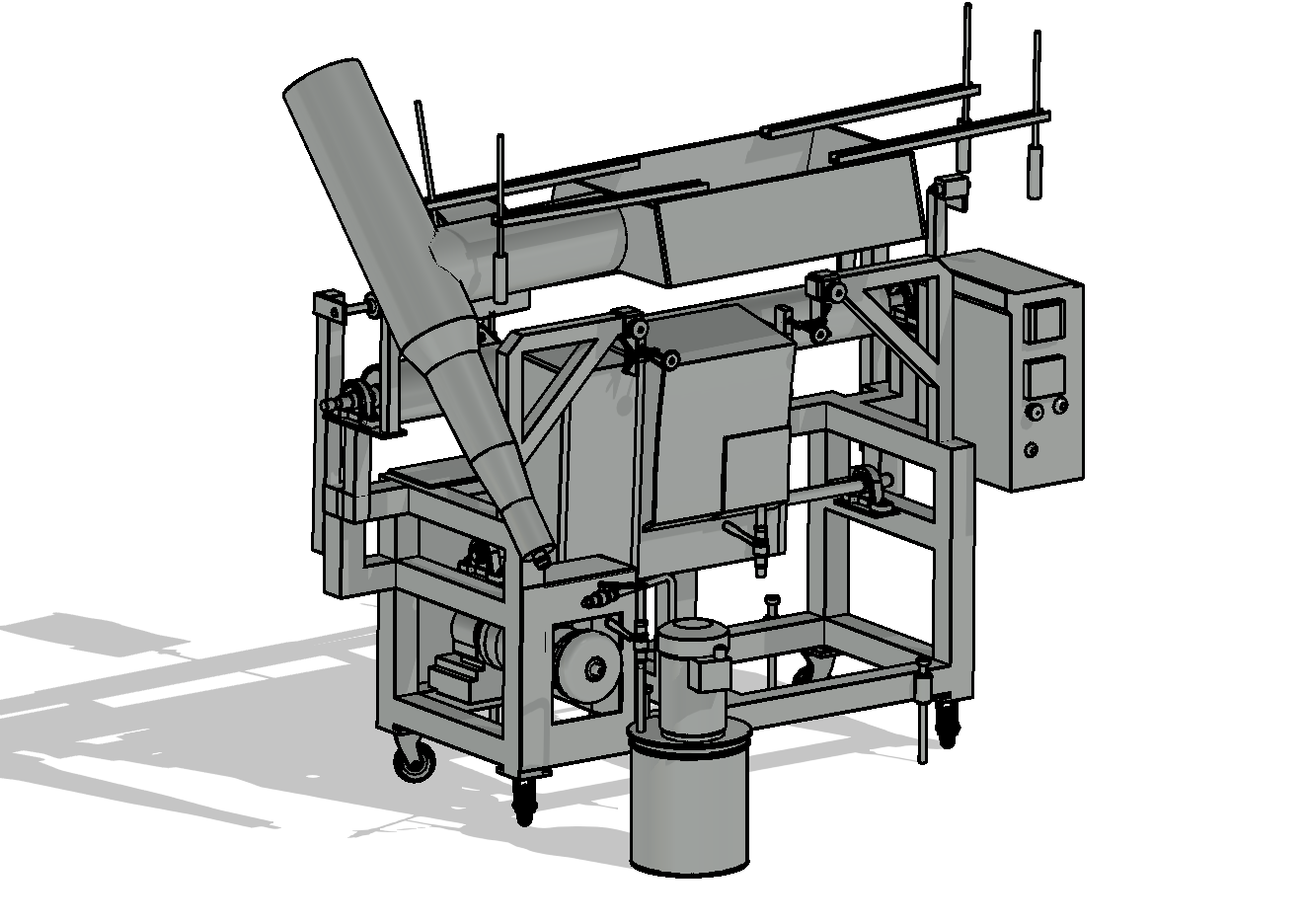 Gray industrial machine with hopper, conveyor belt, and control panel on a wheeled frame.