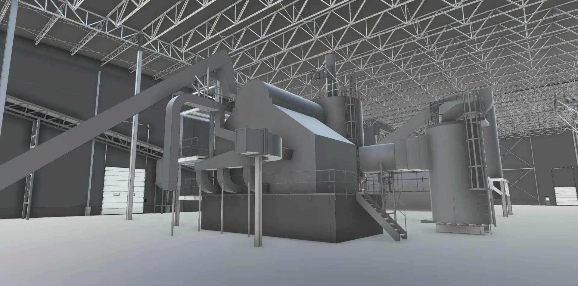 A large industrial machine inside a factory-like building with a metal truss ceiling.