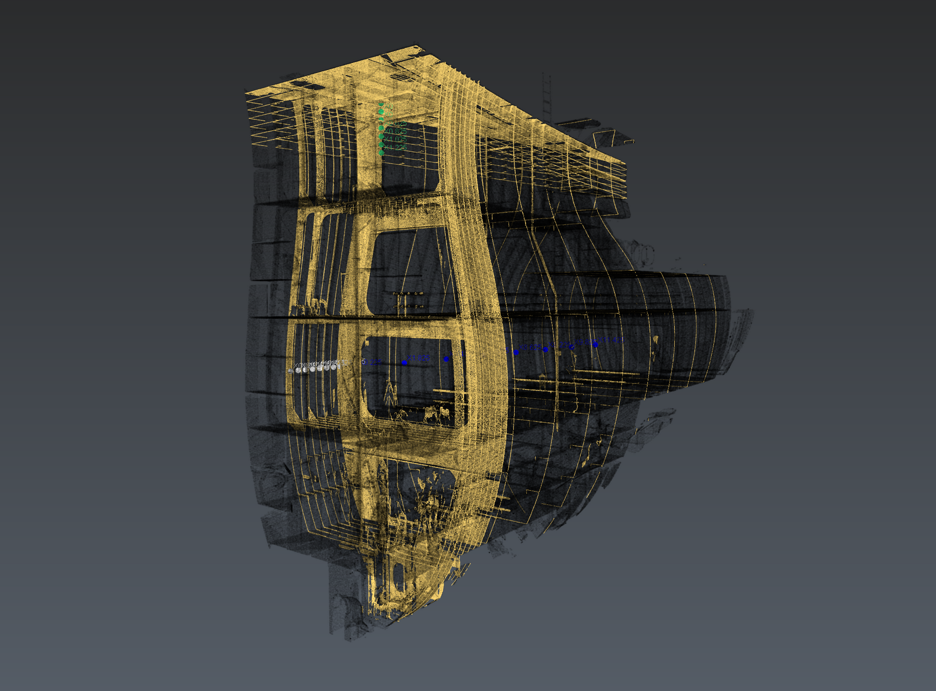 Dark gray 3D structure with a yellow wireframe overlay, viewed from the side on a plain background