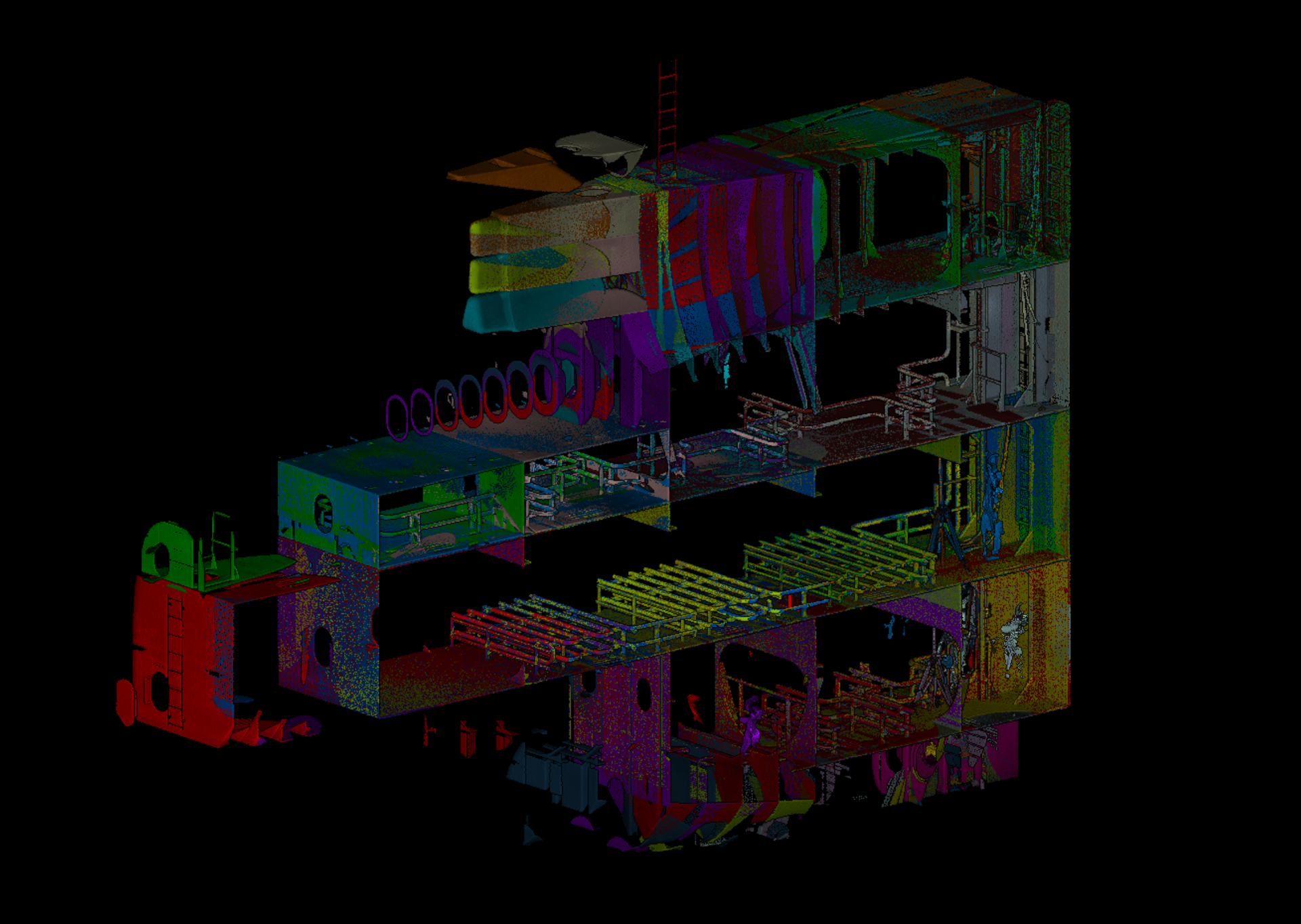 Abstract multicolored 3D wireframe building blocks on a black background