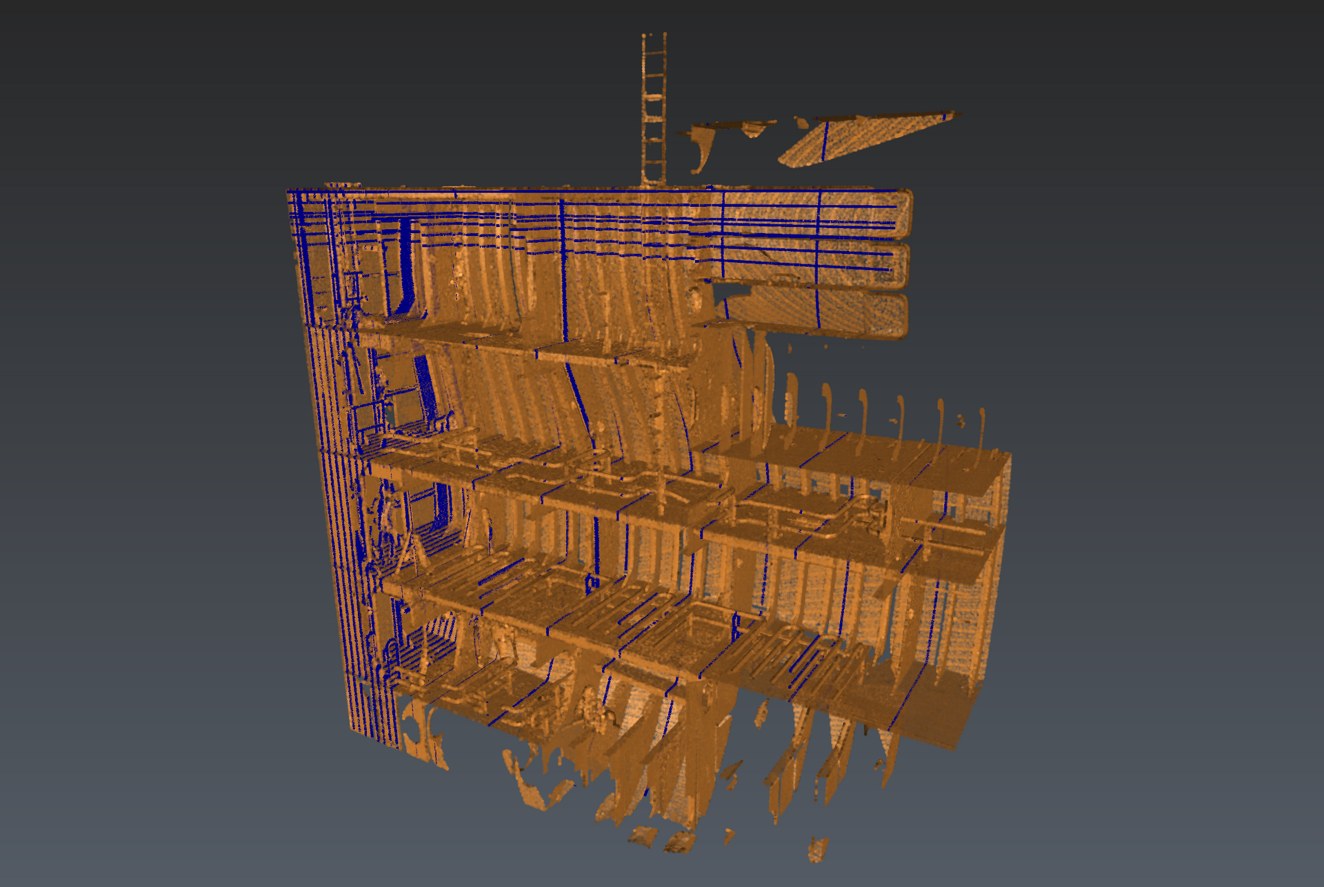 Orange and blue wireframe 3D model of a building or ship structure on a dark background