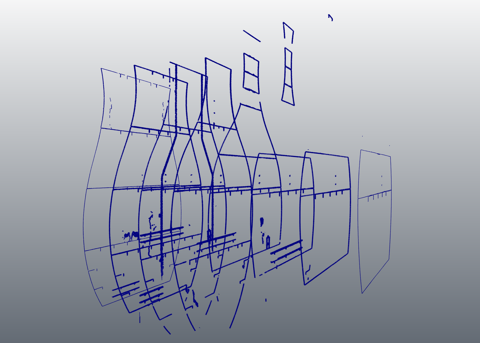Blue wireframe shapes and curved outlines on a light background, resembling a technical diagram or 3D sketch