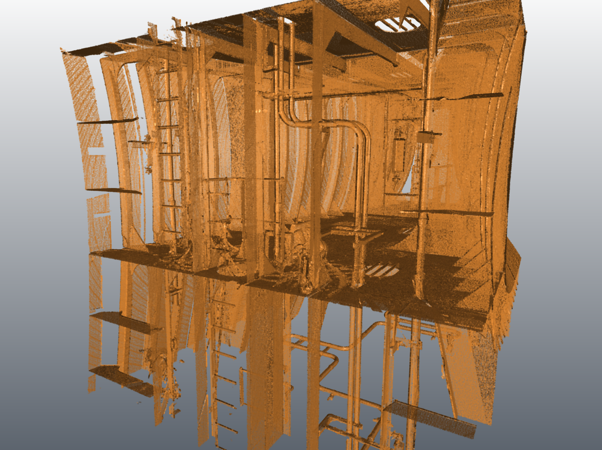 Orange wireframe 3D model of a multi-level building structure