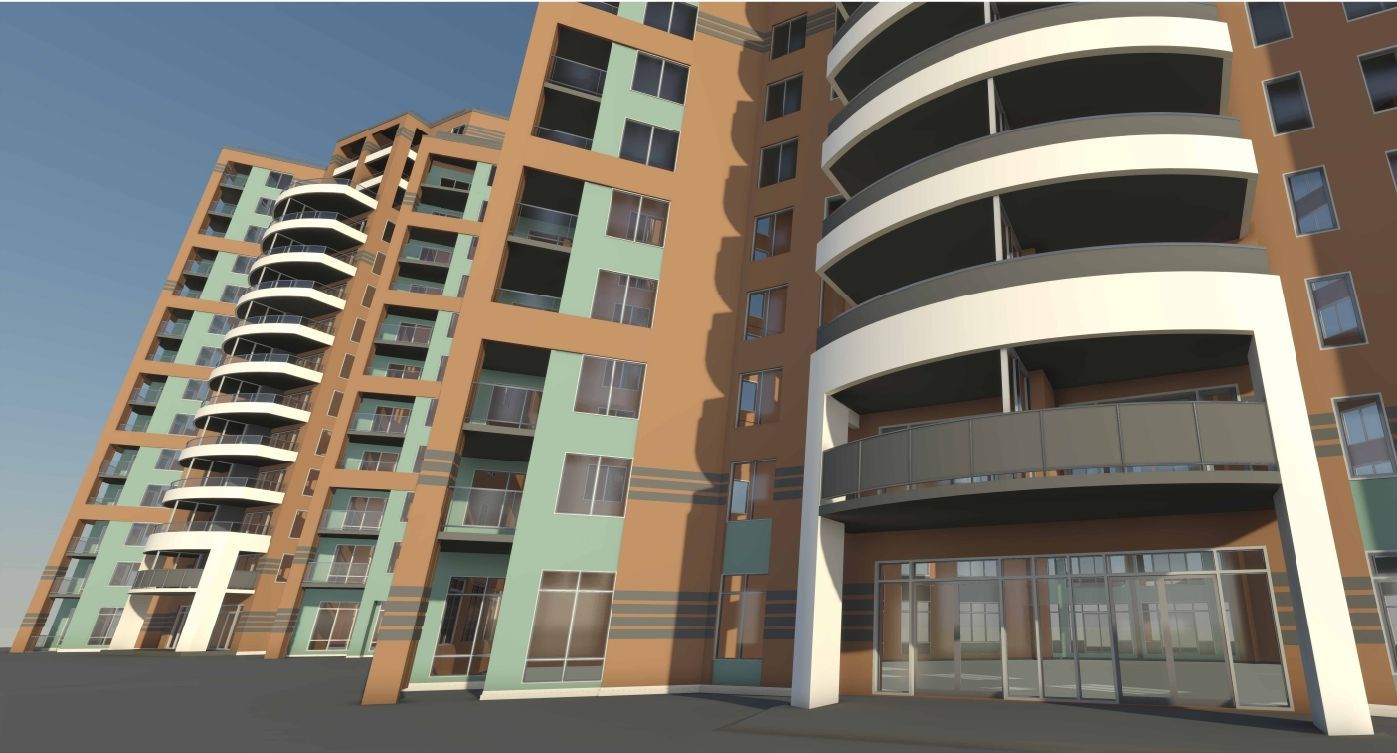 Modern apartment building with curved balconies and a brown facade seen from a low angle