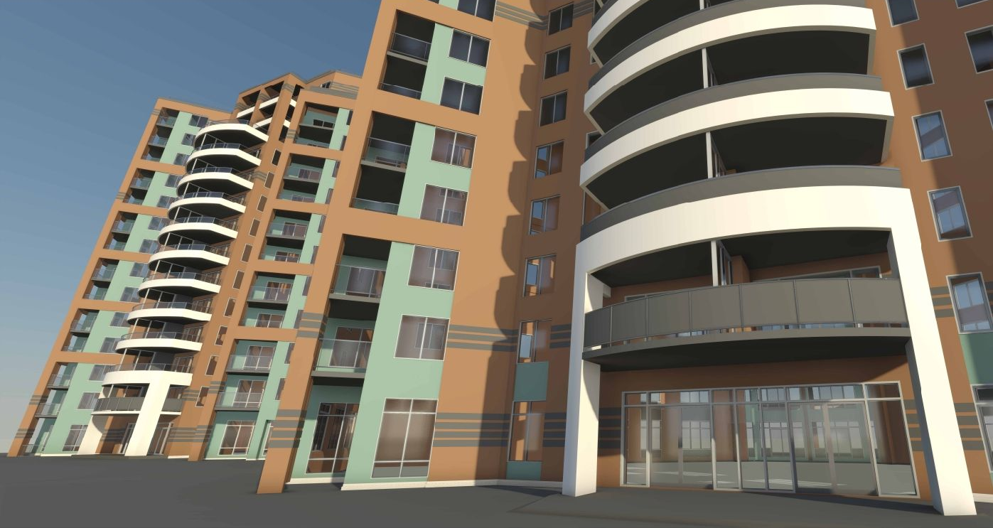 Multi-story brown, teal, and white apartment building with balconies, glass entrance, and blue sky.