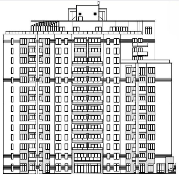 Black-and-white line drawing of a tall apartment building facade with many windows and balconies