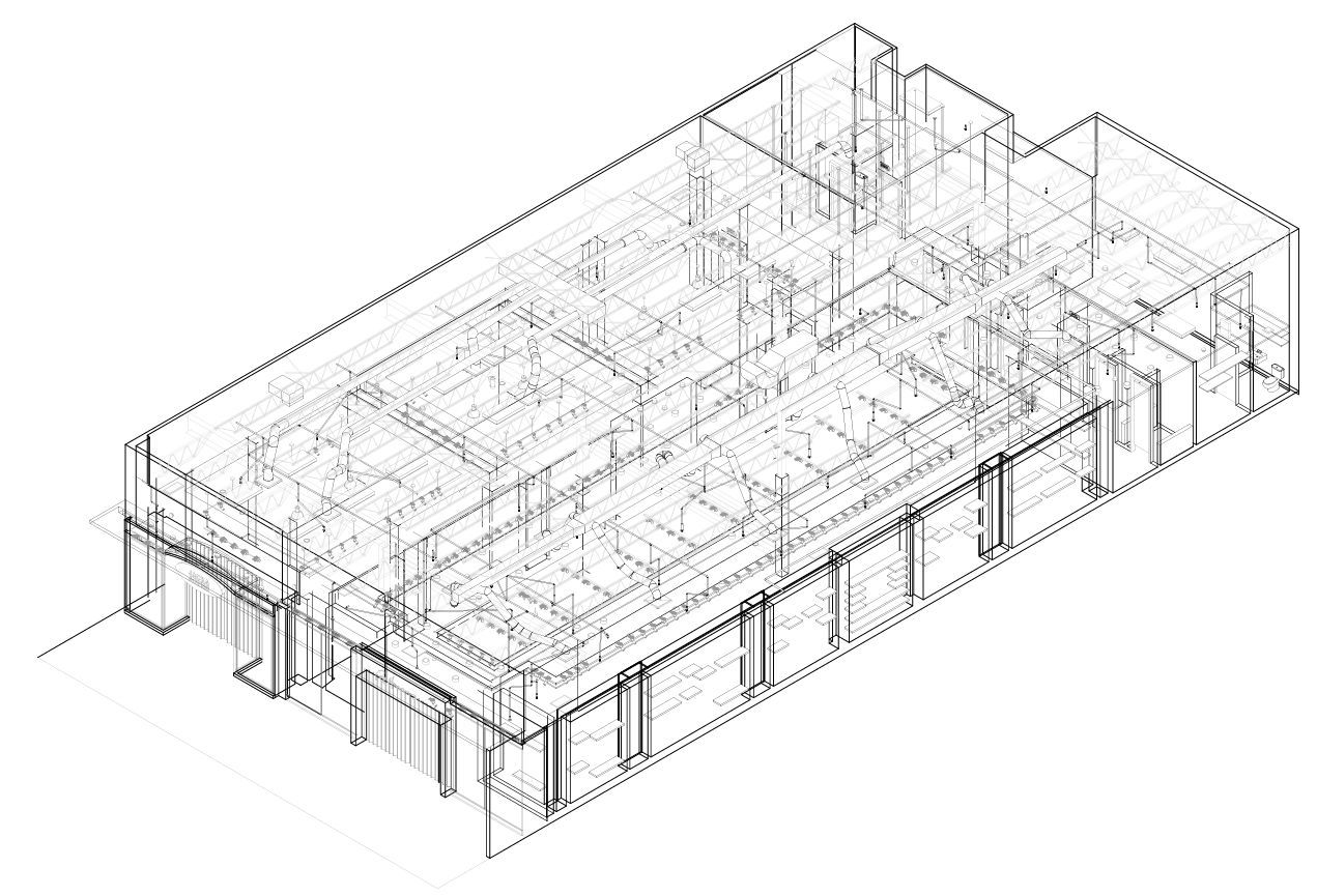 Wireframe architectural drawing of a building floor plan in thin black lines on white background