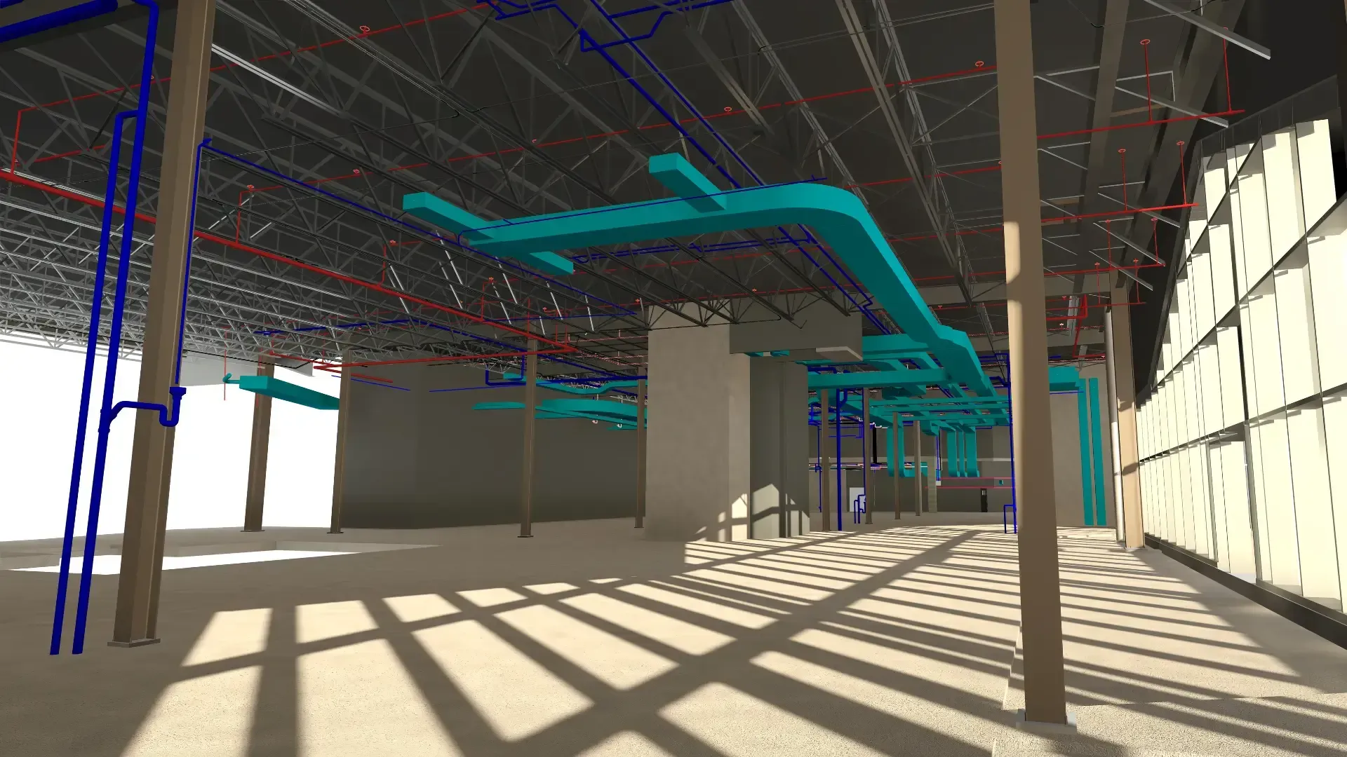 3D rendering of an industrial interior showing turquoise pipes, metal beams, pillars, and a light-filled space.