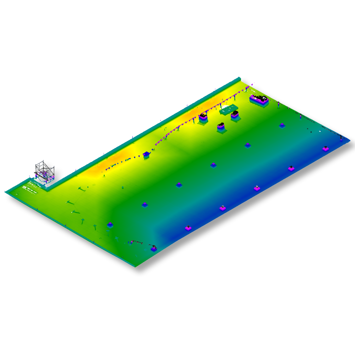 Color-coded 3D surface plot with blue, green, and yellow gradients and small markers on a white background