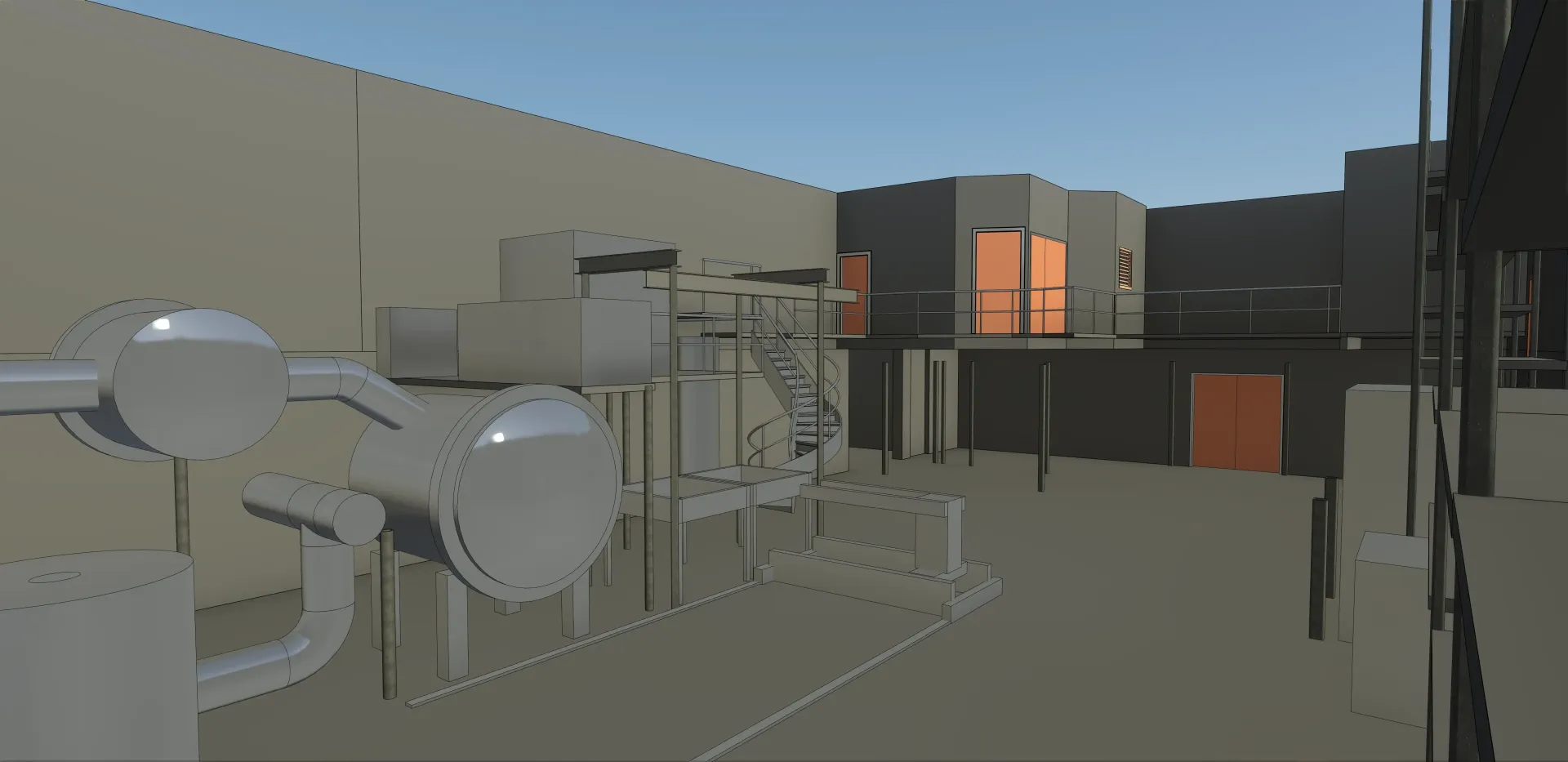 A low-poly industrial scene featuring tanks, pipes, and boxy buildings under a blue sky.