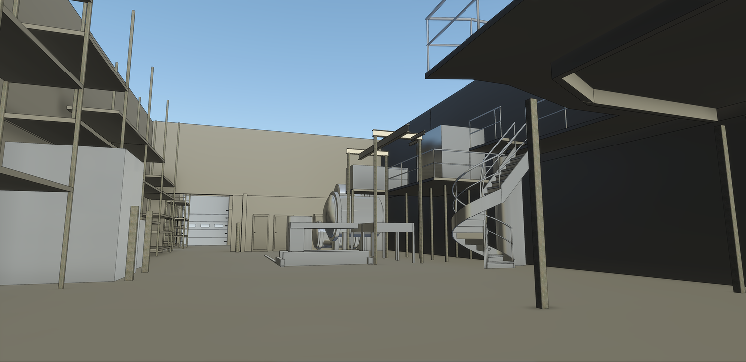 Empty industrial courtyard with metal staircases and buildings under a clear sky