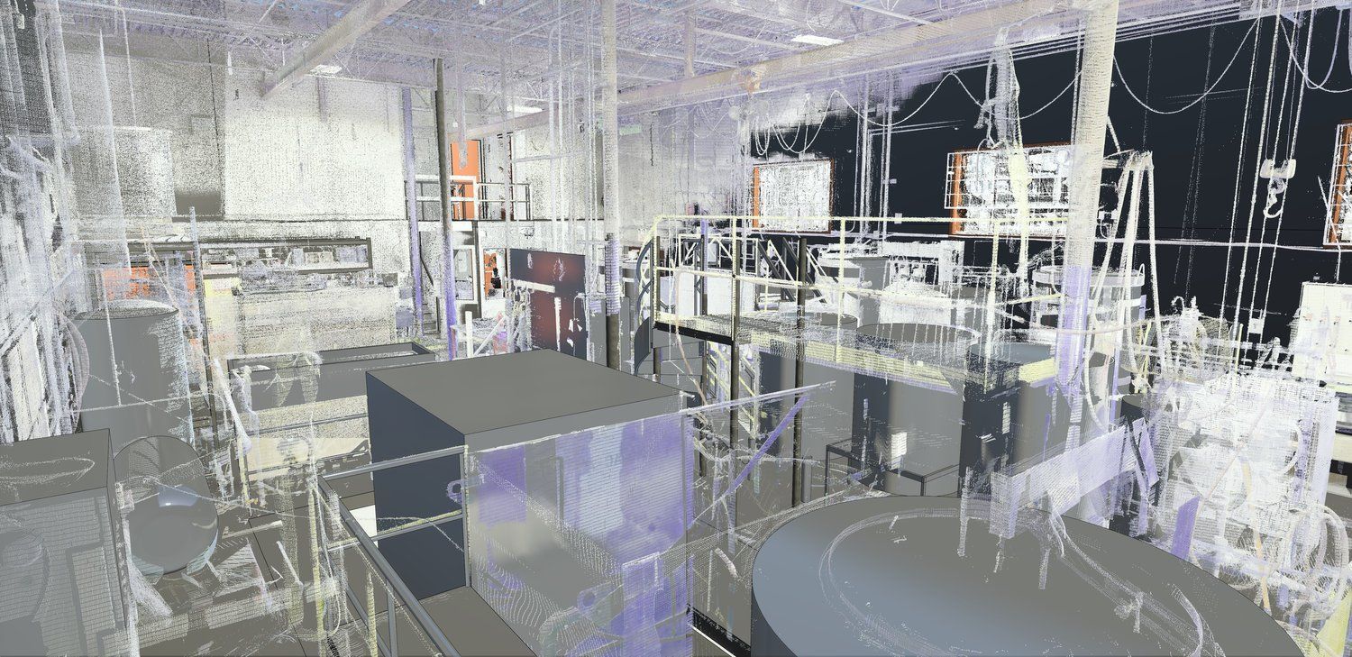 Glitched view of a cluttered indoor room with tables, chairs, and shelves in white and gray tones