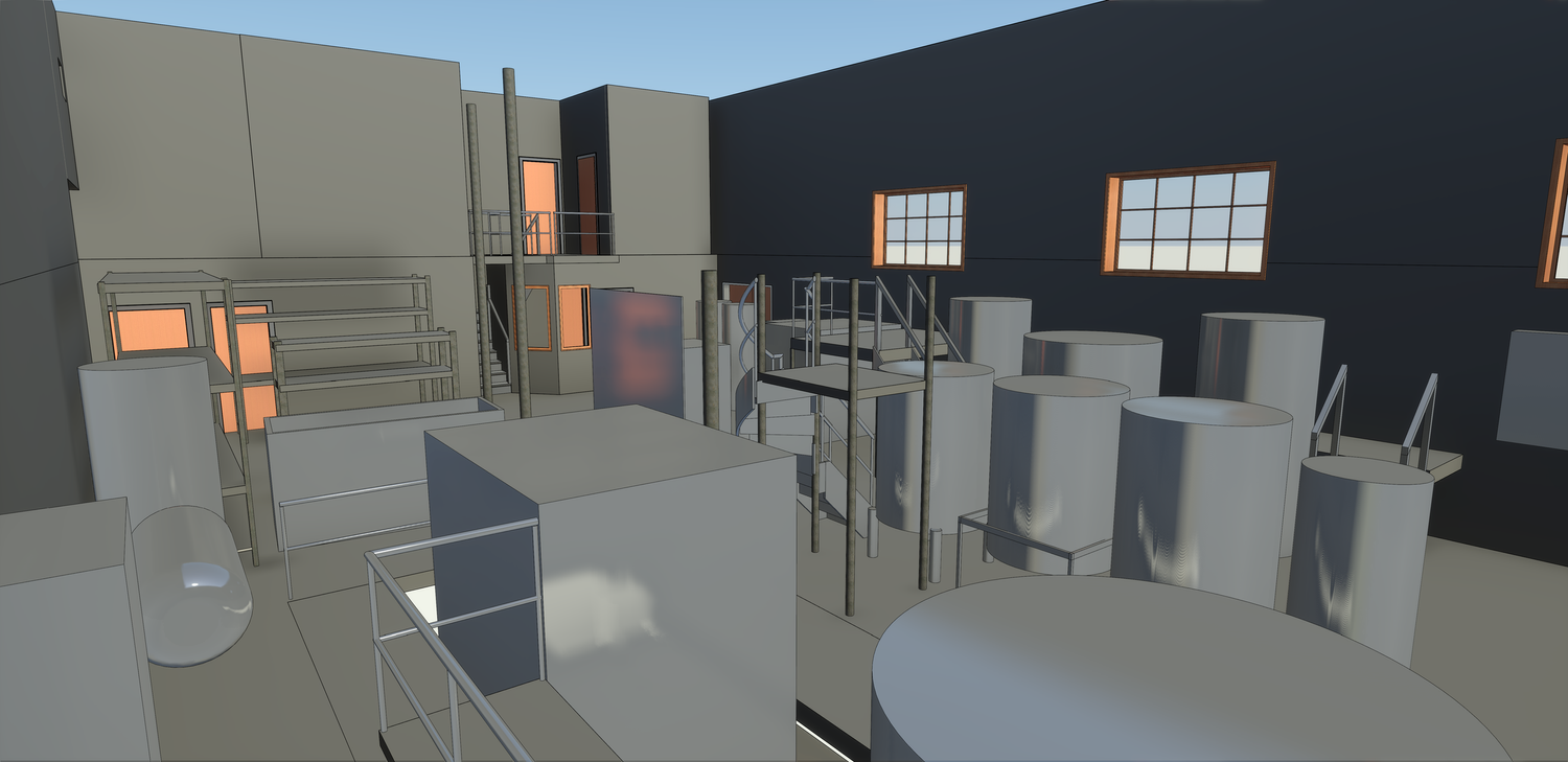 3D-rendered industrial interior with gray machinery, tables, windows, and orange-lit openings