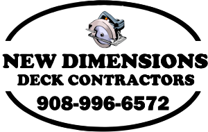 A logo for New Dimensions Deck Contractors featuring a circular saw icon above the company name and phone number 908-996-6572.